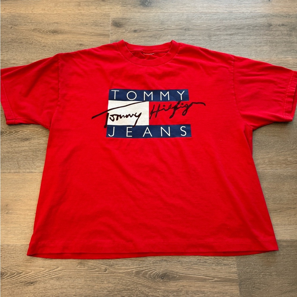 Tommy Hilfiger Big Flag Red White Blue Vintage 90s Spell Out Graphic Shirt Red